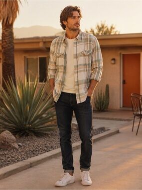Lucky Brand Plaid Flannel Shirt XL Sage Green Tan Cream Button Front